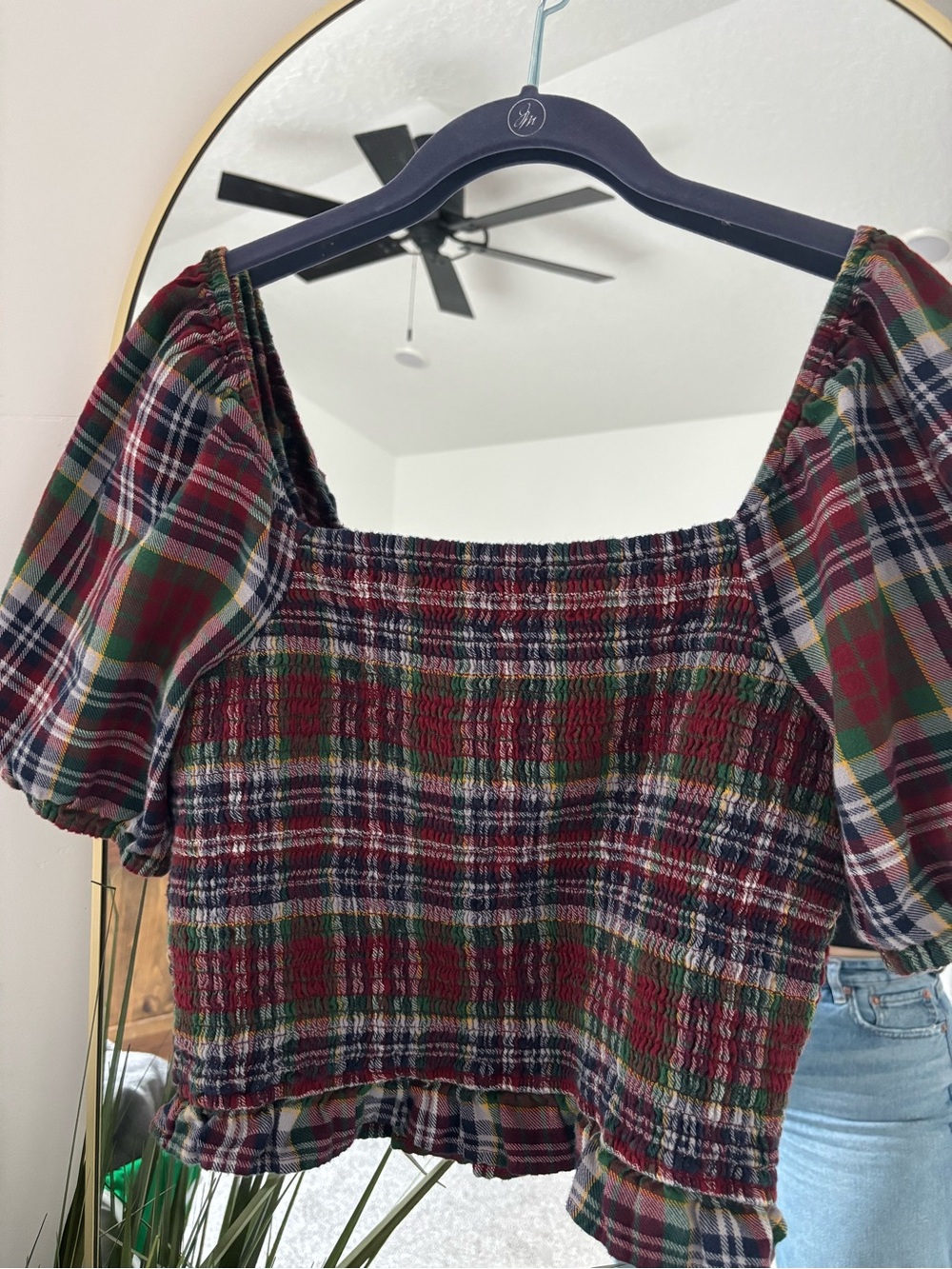 American Eagle Outfitters Burgundy Multi Plaid Smocked Crop Top